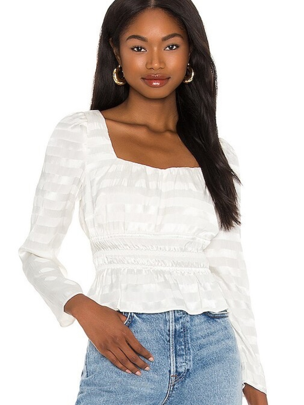 Ivory White Satin Stripe Long Sleeve Smocked Peplum Top Size S